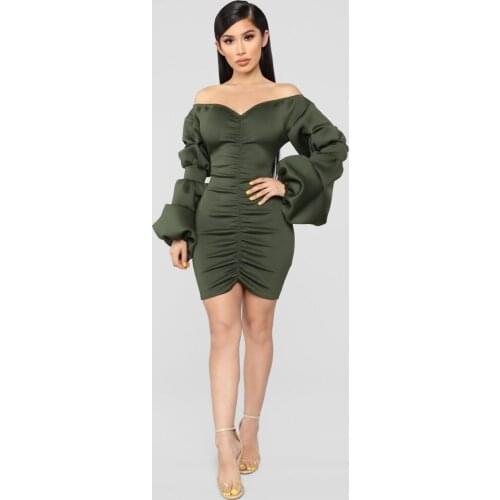 AHVIT Autumn Winter Solid Color Cascading Draped Sexy Women Dress Slash Neck Puff Sleeve Sheath Elegant Party Dress LS6207