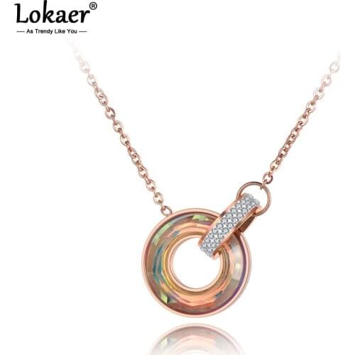 Lokaer Titanium Stainless Steel Double Circle Clay CZ Crystal Choker Necklace Office Style Pendant Chain Necklace Collier N19060