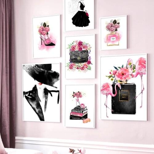 Paris Perfume Flower Book High Heels Bag Canvas Painting On The Wall Nordic Fashion Woman Poster Art Picture for Girl Room