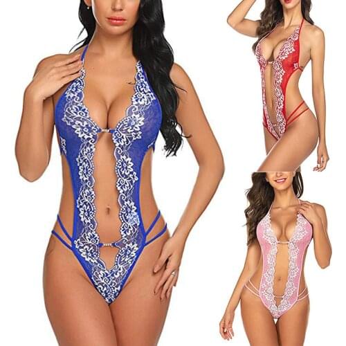 Sexy Lingerie One Piece Women Lace Bra Deep V Hot Erotic Sexy Hollow Underwear Halter Transparent Lingerie