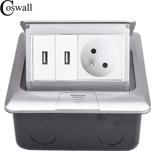 Coswall All Aluminum Silver Panel Pop Up Floor Socket 16A French Standard Power Outlet With Dual USB Charge Port