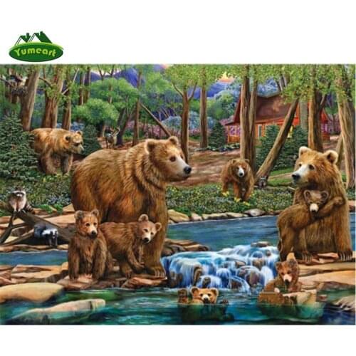 YUMEART 5D DIY Diamond Painting Cross Stitch Forest Brown Bears Animals Home Needlework 5D Diamond Embroidery Mosaic Bear Family