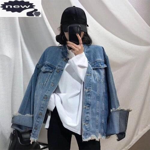 Harajuka Spring Korean Flare Sleeve Womens Denim Jackets Asymmetrical Hole Ripped Loose Vintage Plus Size Female Outerwear Coats