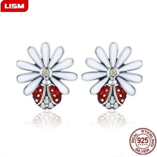 Authentic 925 Sterling Silver Daisy Flower Red Ladybug Stud Earrings for Women Fashion Earrings Jewelry Gift Dropshipping