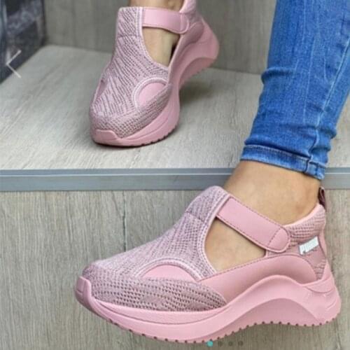 2020 Plus Size Casual Single Shoes Womens Flat-bottomed Thick-soled Flying Woven Velcro Sneakers