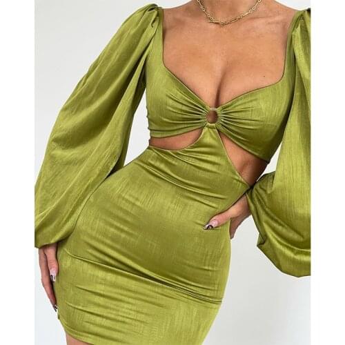 Za Fashion Green Women Sexy Mini Dress 90s Girl New Autumn Bubble Long Sleeve Hollow Out Bodycon Party Streetwear Vestidos 2021