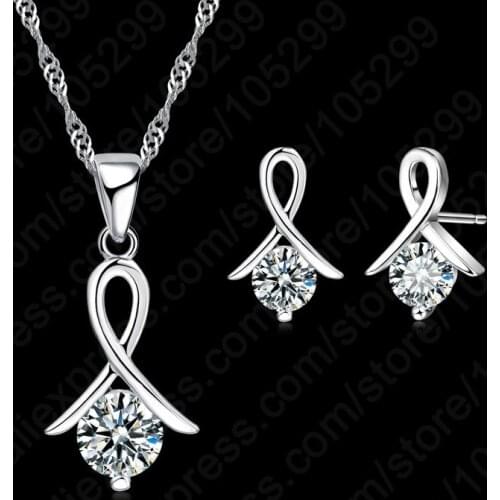 Women 925 Sterling Silver Fashion Necklace Earrings Jewelry Set For Wedding Party Cubic Zircon Cartilage Piercing Earrings