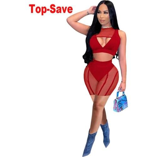 2021 Autumn Mesh Sexy Outfits For Women Set Sleeveless Fashion V-Neck Hollow Top See Through Biker Shorts Vacation Two Piece Set