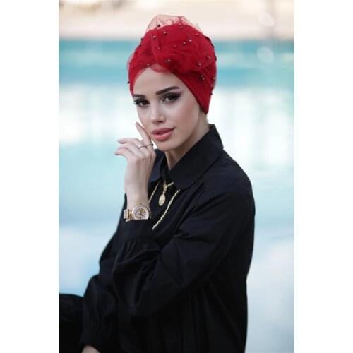 عمامة Turban Hat Solid Color Women Tulle Headscarf Bonnet with Pearl Inner Hijabs Cap Muslim Hijab femme Wrap Head