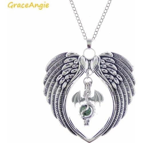 GraceAngie 1PC Big Angel Wing Dragon Pearl Bead Cage Locket Necklace Metal Link Chain Punk Style Women Men Jewelry Accessory