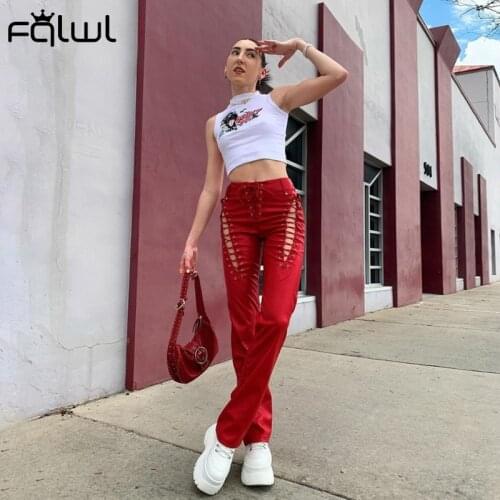 FQLWL Red pink Faux Pu Leather Bodycon Long Pants Women High Waist Bandage Straight Pants Female Club Party Wide Leg Trousers