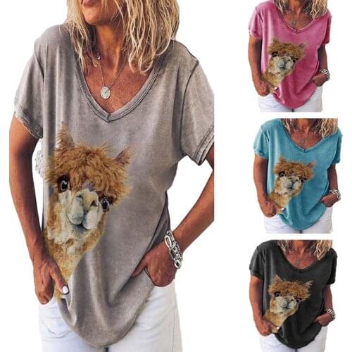 Womens Tshirt Cute Animals Sheep Goat Alpaca Grassland Top Summer V Neck T-shirt Pullover Youth Streetwear