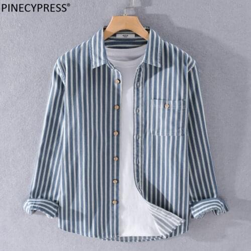 Cotton Man Shirt Quality Spring Autumn Summer Male Striped Street Fashion Pocket Navy Blue Long Sleeve Young Men Casual Shirts