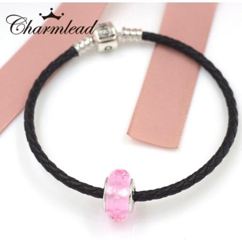 Charmlead Bracelet Set Black Real Leather Bracelet 925 Sterling Silver Barrel Clasp and 1 pc Murano Glass Charm DIY Jewelry