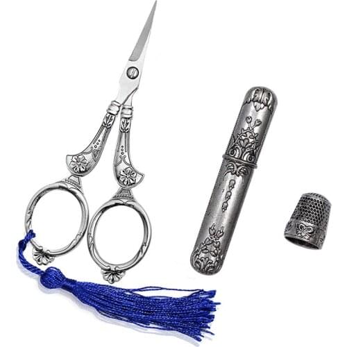 SHWAKK Retro Scissors Set Exquisite Vintage Scissor+Needle Storage Tube+Thimble Embroidery Tailor Scissors Sewing Supplies