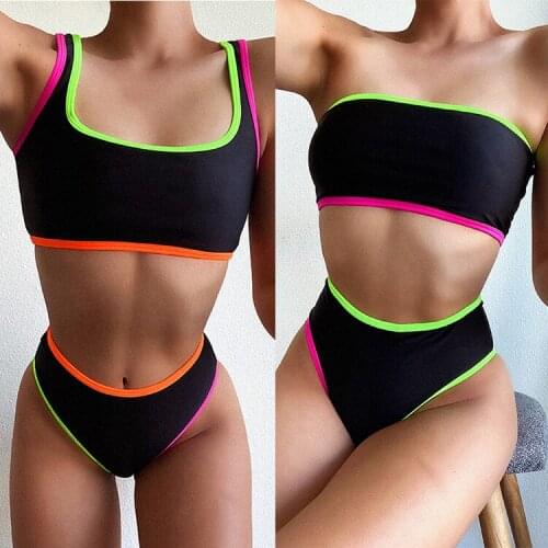 2020 new fashion black solid color sports multicolor edging bikini ladies split swimsuit new swimwear