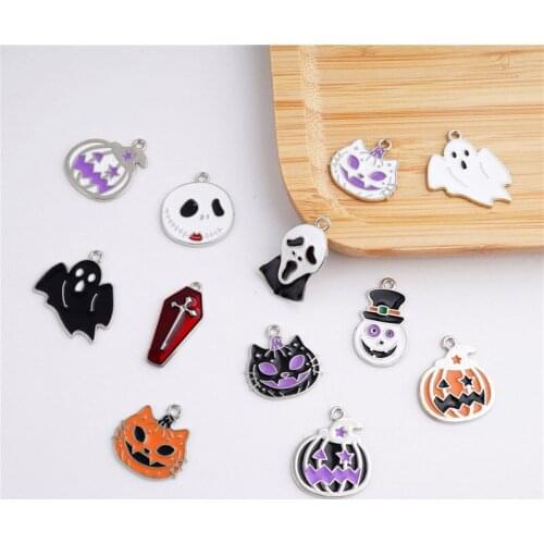 New style 50pcs/lot Halloween pattern print cartoon Cat Elf Pumpkin shape alloy floating locket charms diy jewelry making