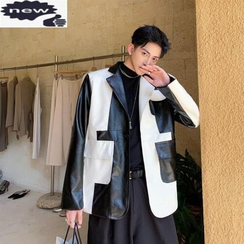 Runway Designer Mens Black White Color Mixed Pu Jacket High Street Bikers Coats Hip Hop Loose Fit Faux Leather Jackets