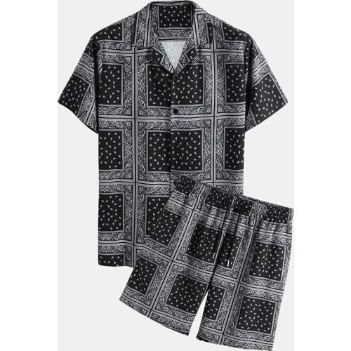 Casual Short-sleeved Cardigan Suit Youth Printing Lapel Loose Short-sleeved Shirt Shorts 2 Piece Set Men Clothing Set