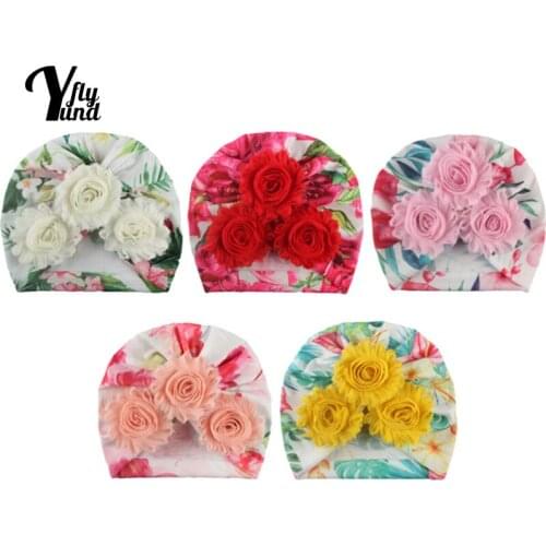 Yundfly Lovely Handmade Flowers Baby Girls Turban Hat Soft Comfortable Newborn Beanie Caps Fashion Print Headwear Birthday Gifts
