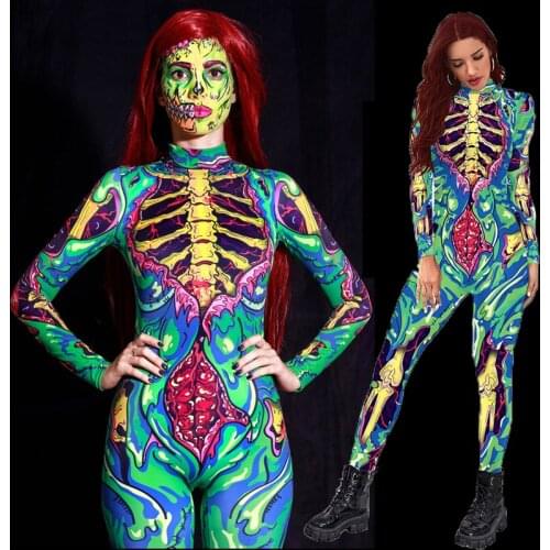 Scary Costumes Bodycon Bodysuit Horror Skeleton Halloween Costume Women Adult Zombie Cosplay Green Jumpsuit Sexy Carnival Party