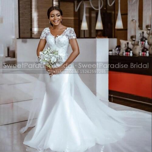 2021 Sheer Lace Mermaid Wedding Dress With Short Sleeves Women V Neck Overskirts White Long Bridal Dresses Vestidos