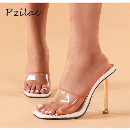 Pzilae Big Shoes Size 42 Summer Transparent PVC Slippers Open Toe High Heels Women Slides Shoes Metal Heel Sandals Brown White