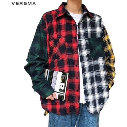 VERSMA Korean Harajuku BF Oversized Patchwork Checkered Plaid Shirt Men Autumn High Street Hip Hop Unisex Shirt Men Dropshipping