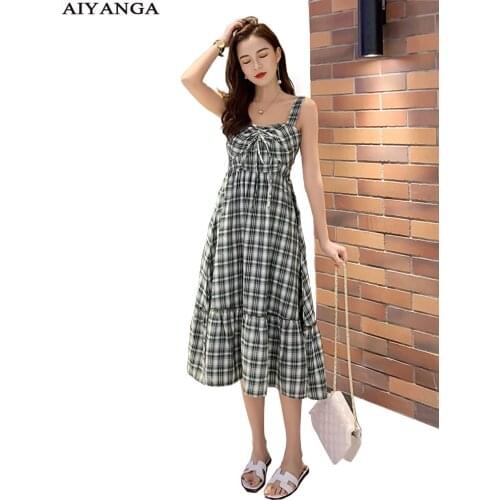 AIYANGA Vintage Plaid Dress Women 2019 Summer Spaghetti Strap Dresses Female Sexy Party Dress Fashion Wear