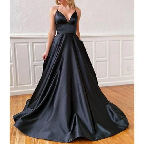 VKBRIDAL Long Black V-Neck Prom Dresses with Pockets Maxi Sexy Back Satin Formal Evening Homecoming Party Gowns