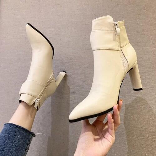 2020 Winter Women Ankle Boots Inner Warm Plush Short Boot High Square Heel Zip Ladies Shoes Boots Bota Feminina