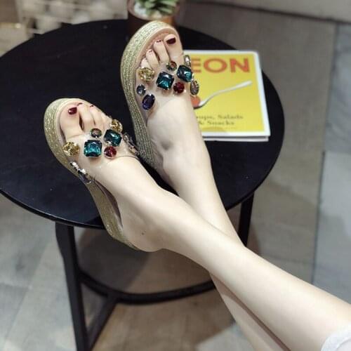 2021 spring Rhinestone fashion wear new summer cool slippers womens slope heel thick bottom muffin bottom beach versatile high