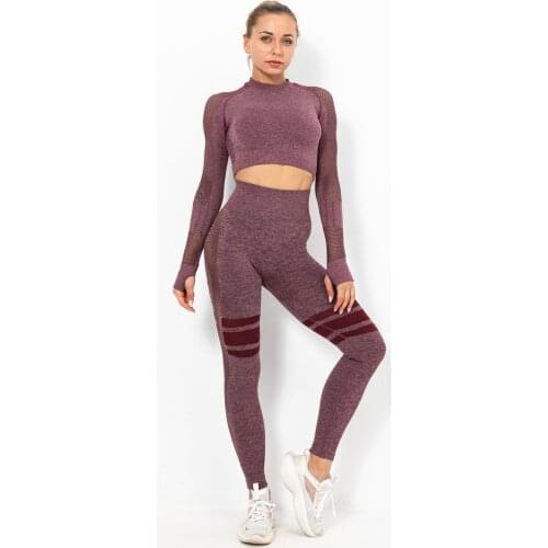 2PCS Seamless Women Yoga Set Workout Sportswear Gym Clothing Fitness Long Sleeve Crop Top High Waist Leggings Sports Suits
