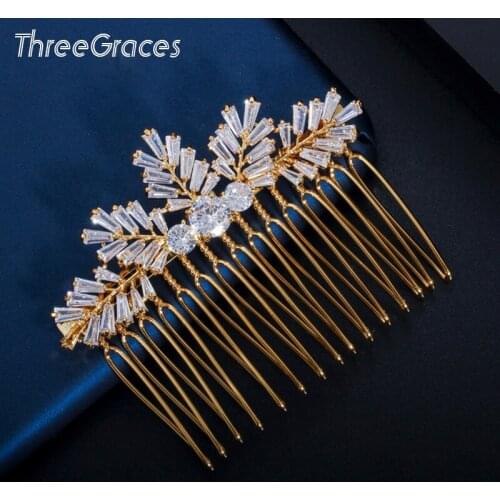 ThreeGraces Delicate Leaf Shape Gold Color Bridal Wedding Prom Hair Comb Headpiece for Women Gorgeous CZ Crystal Jewelry HA030