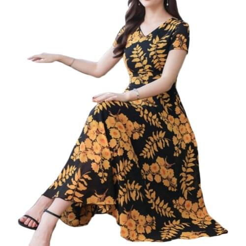 Ladies Fashion Floral Print Tight Waist Large Swing V-Neck Short Sleeve Maxi Dress Elegant Women Party Long Dress Female Robe