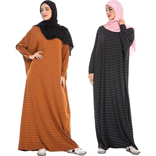 Women Batwing Sleeve Jilbab Stripes Abaya Dubai Dress Farasha Kaftan Muslim Robe Arab Islamic Clothing Loose 2019 Casual Dresses