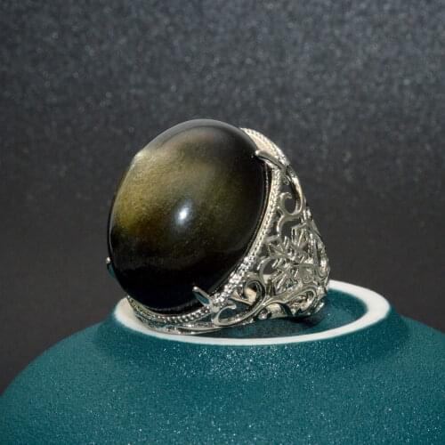 Golden Obsidian Exorcise Evil Spirits Jewelry Big Size Metal Ring 18x24mm Oval Shape Adjustable Mens Ring Luxury Jewelry Gift