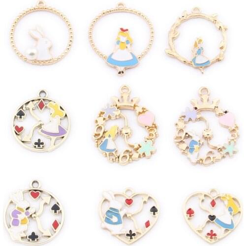 10Pcs/lot Cartoon Alice Girl Rabbit Enamel Charm for Earrings Pendant DIY Colorful Mini Charms Handmade Jewelry Finding Making