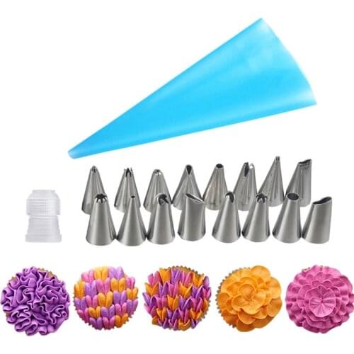 16 pcs Stainless Steel Pastry Nozzles Set Icing Piping Tips 1 Silicone bag 1 Coupler Fondant Cake Decorating Tools