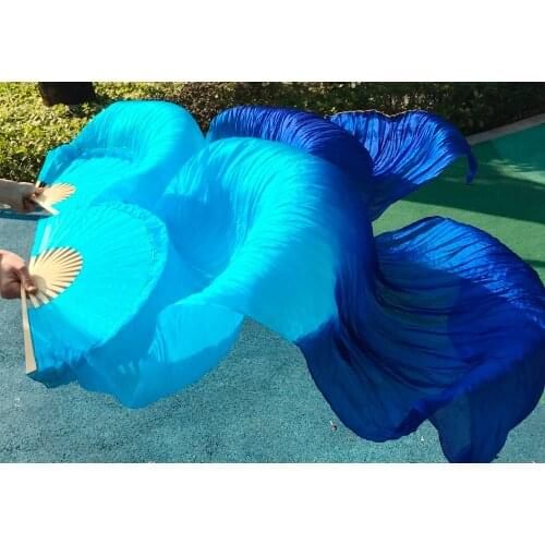 2 pcs (1R + 1L) 2 dyed colors - mix,handmade 100% silk fan veil for belly dance or stage turquoise +royal blue