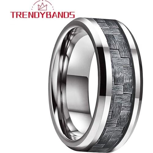 8MM Mens Womens Tungsten Rings Wedding Band Gray Carbon Fiber Inlay Beveled Edges Polished Shiny Comfort Fit