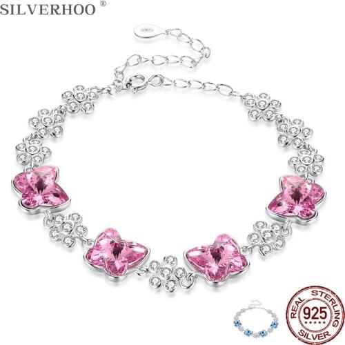 SILVERHOO 925 Sterling Silver Bracelet For Women Austria Crystal Adjustable Bracelet The Butterfly Shape Anniversary Fine Jewelr