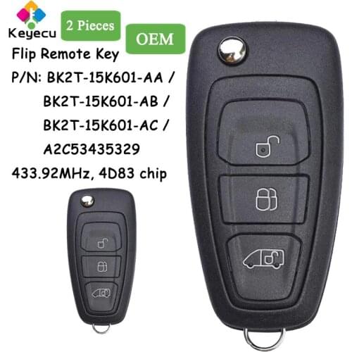 KEYECU OEM Remote Control Car Key - 3 Buttons 433.92MHz 63+ Chip - FOB for Ford Transit Custom 2014-2016 BK2T-15K601-AA AB AC
