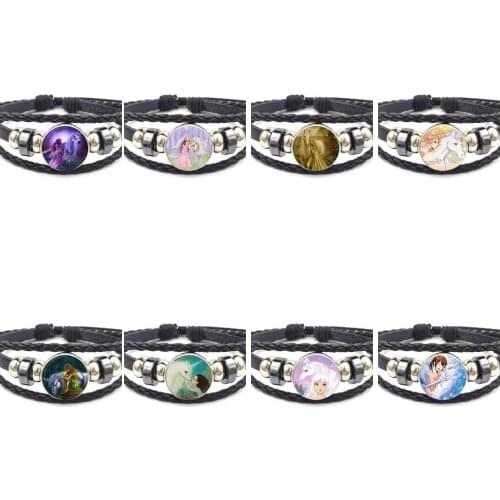 EJ Glaze The Unicorn and Girl For Women Girl Gift Fashion Glass Cabochon Statement Black Leather Bracelet Bangle