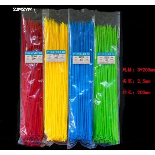 Hot selling 100PCS/bag 3*200mm width 2.5mm Colorful Factory Standard Self-locking Plastic Nylon 8'' Cable Ties,Wire Zip Tie