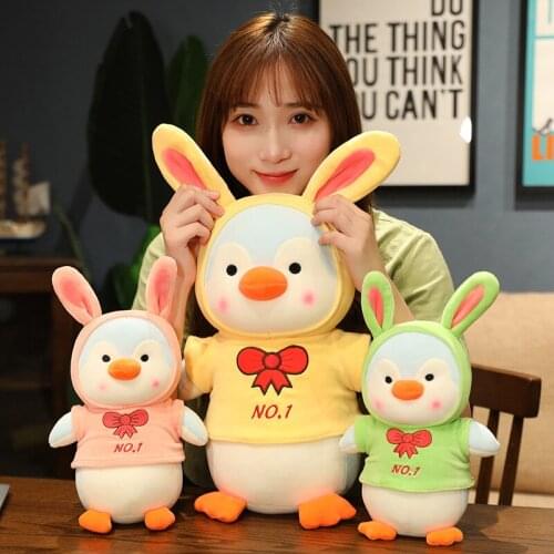 30/50cm Soft Penguin With Rabbit Ears Hat Hoodie Plush Toys Stuffed Lovely Animals Pillow Doll For Girls Kids Birthday Gifts