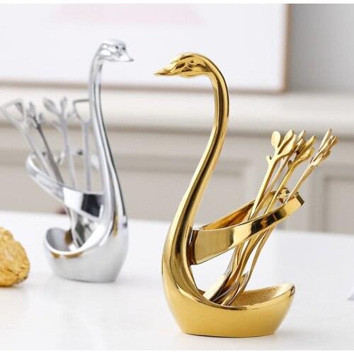 Stainless Steel Swan Dinnerware Set Gold Fruit/Dessert Cutlery Set For Swan Base Holder Silver Leaf Forks Portable Teaspoon