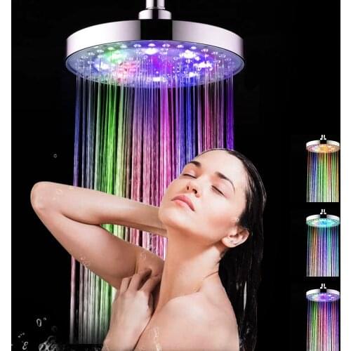 8 inch RGB LED Light Shower Head Round Automatic Changing Water Saving Rain High Pressure Bathroom Rainfall Shower
