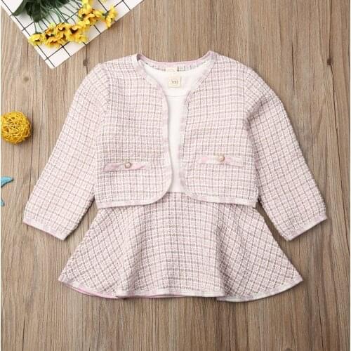 2020 New Infant Baby Girls Kids Long Sleeve Sweet Princess Set Round Collar Dress and Coat Little Fragrance Dresses Set