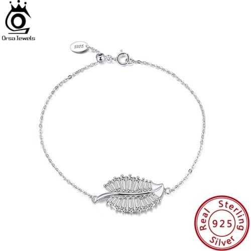ORSA JEWELS CZ Leaf Charm Bracelets for Women S925 Sterling Silver Adjustable Bracelets Women Valentines Day Jewelry Gifts SB82